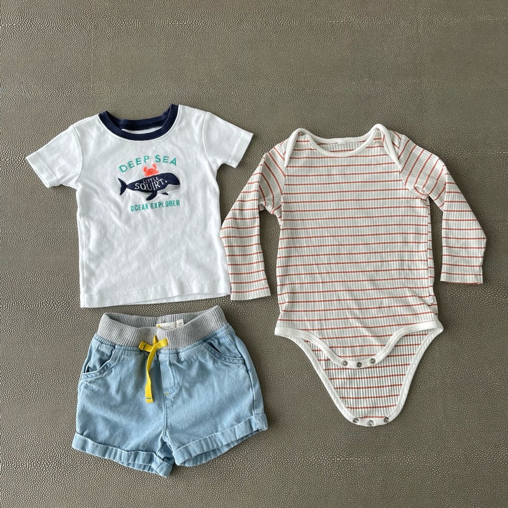 Toddler 12 - 18 M Clothing Bundle, Mori Bodysuit, Boden Shorts, Carter’s Tshirt